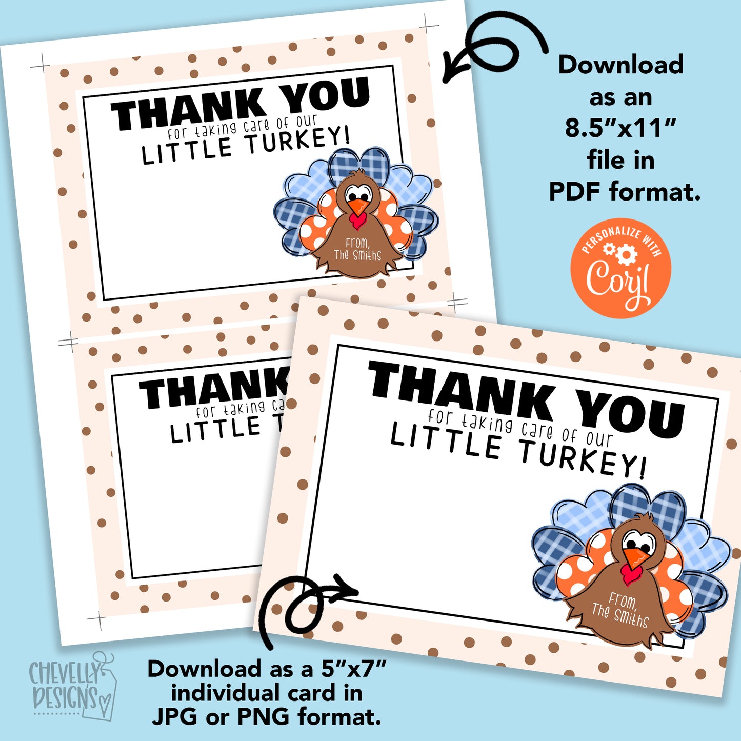 EDITABLE - Thanks for Taking Care of Our Little Turkey - 5x7 Thanksgiving Gift Card Holder - Printable Digital File