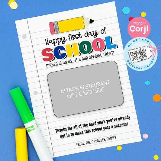 Editable Restaurant Gift Card Holder - Back To School - Dinner Is On Us - Teacher Gift - Printable Digital File