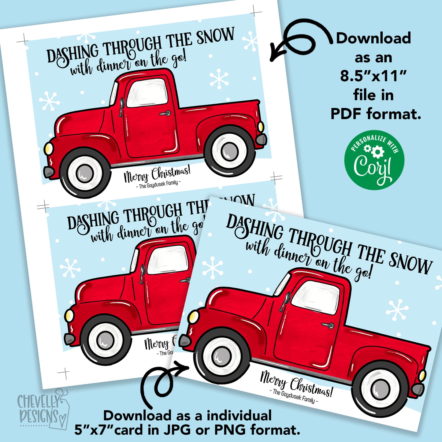 EDITABLE - Dashing Through the Snow with Dinner on the Go - Printable 5x7 Gift Card Holder - Digital File