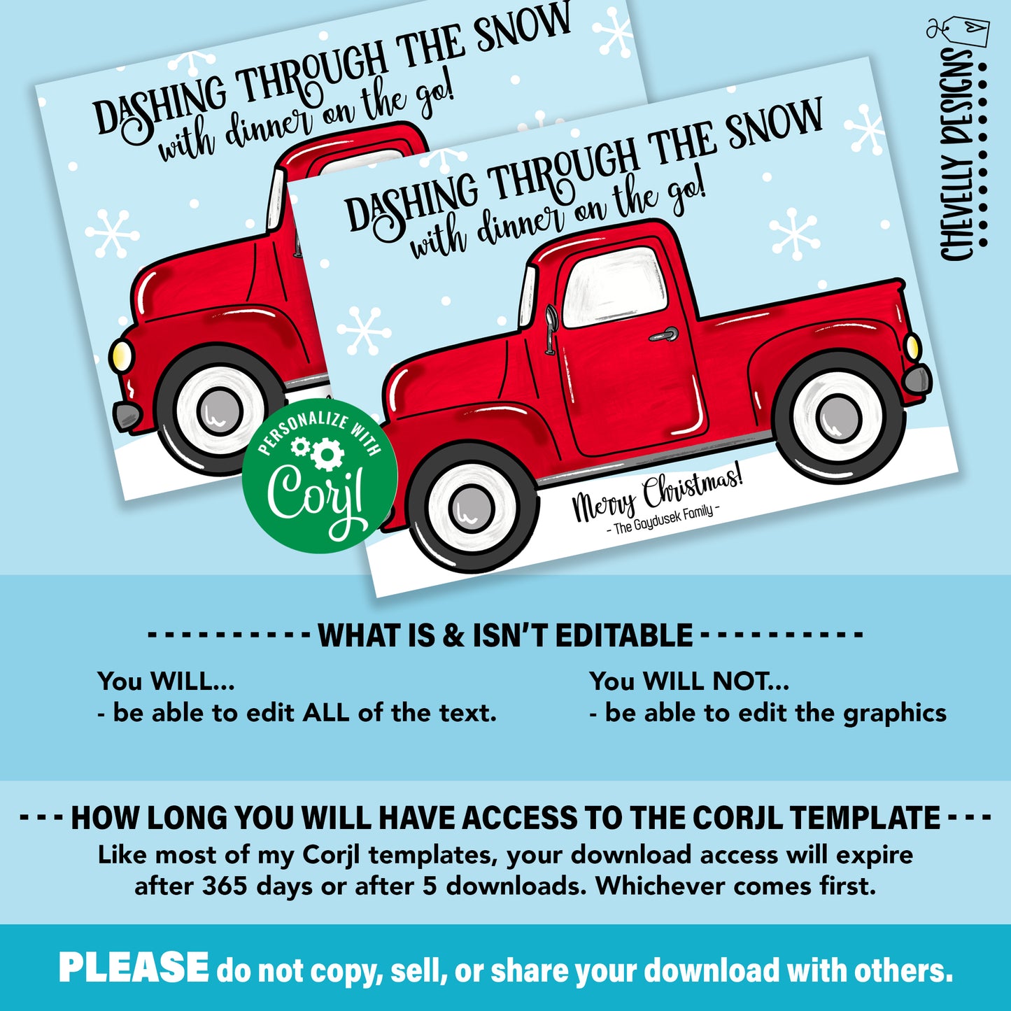 EDITABLE - Dashing Through the Snow with Dinner on the Go - Printable 5x7 Gift Card Holder - Digital File