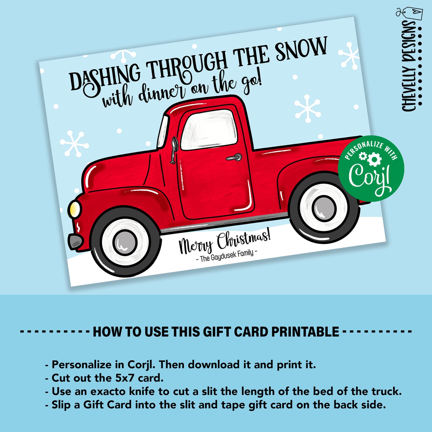 EDITABLE - Dashing Through the Snow with Dinner on the Go - Printable 5x7 Gift Card Holder - Digital File