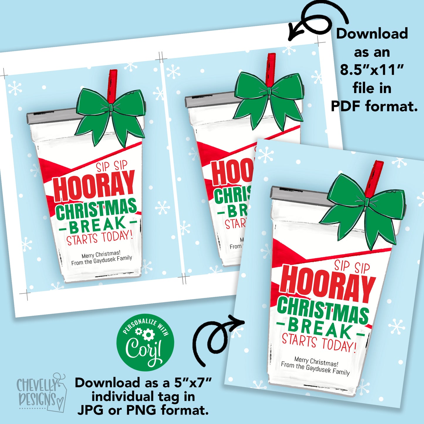 EDITABLE - Sip Sip Hooray Christmas Break Starts Today - Printable 5x7 Restaurant Gift Card Holder - Digital File