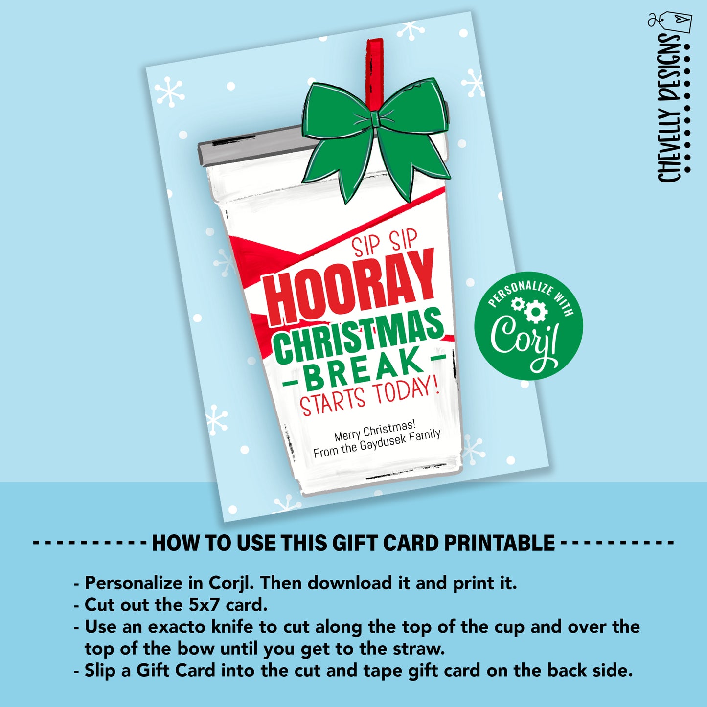 EDITABLE - Sip Sip Hooray Christmas Break Starts Today - Printable 5x7 Restaurant Gift Card Holder - Digital File