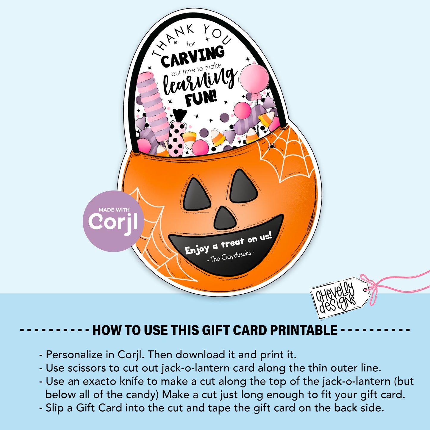 EDITABLE - Halloween Gift Card Holder for Teacher Treat -Jack-o-Lantern - Printable Digital File