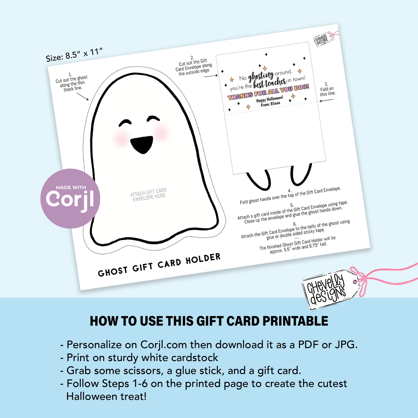 EDITABLE - Halloween Gift Card Holder for Teacher Treat - Ghost - Printable Digital File