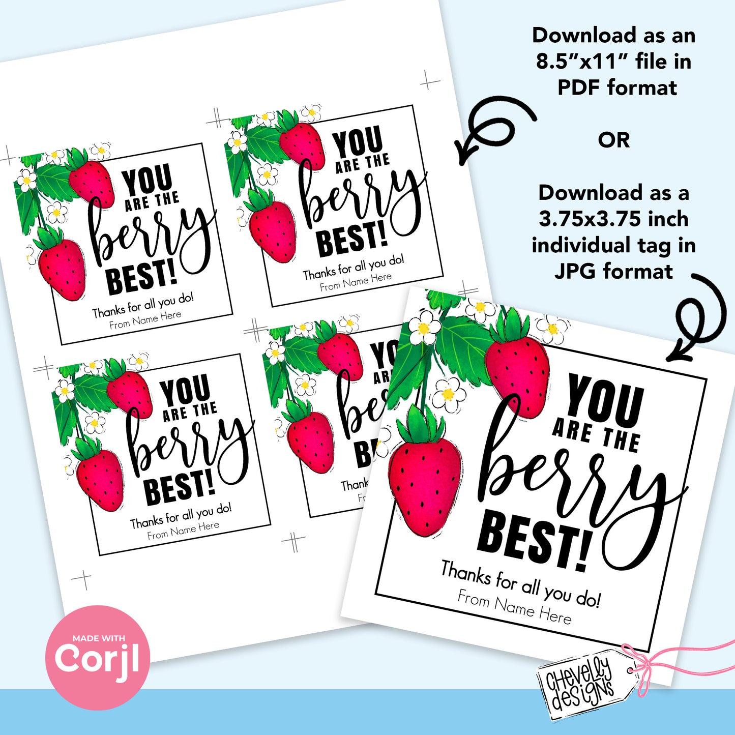 EDITABLE - You are the Berry Best - Strawberry Appreciation Gift Tag - Printable Digital File