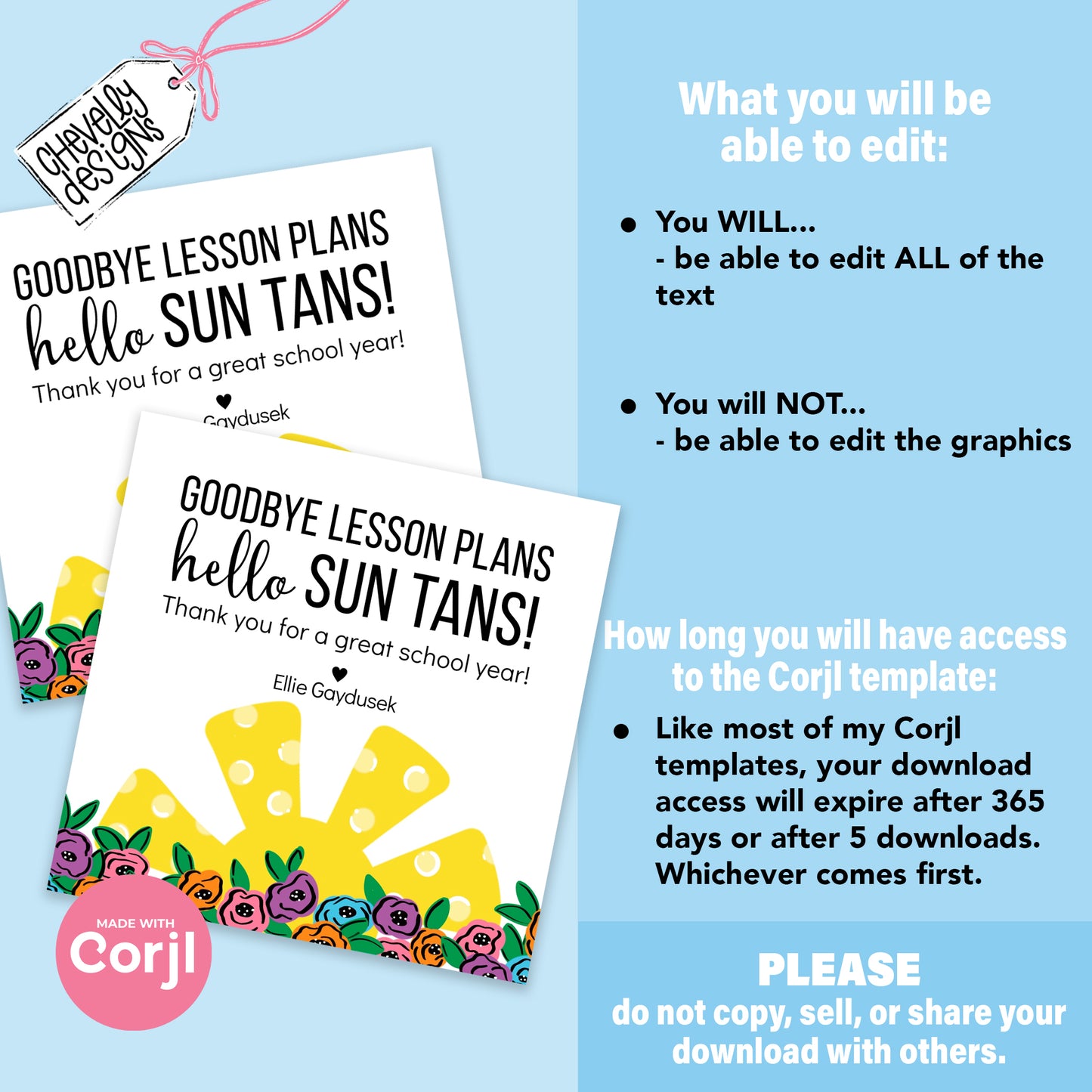 Editable End of School Teacher Gift Tags - Goodbye Lesson Plans Hello Sun Tans - Digital Print