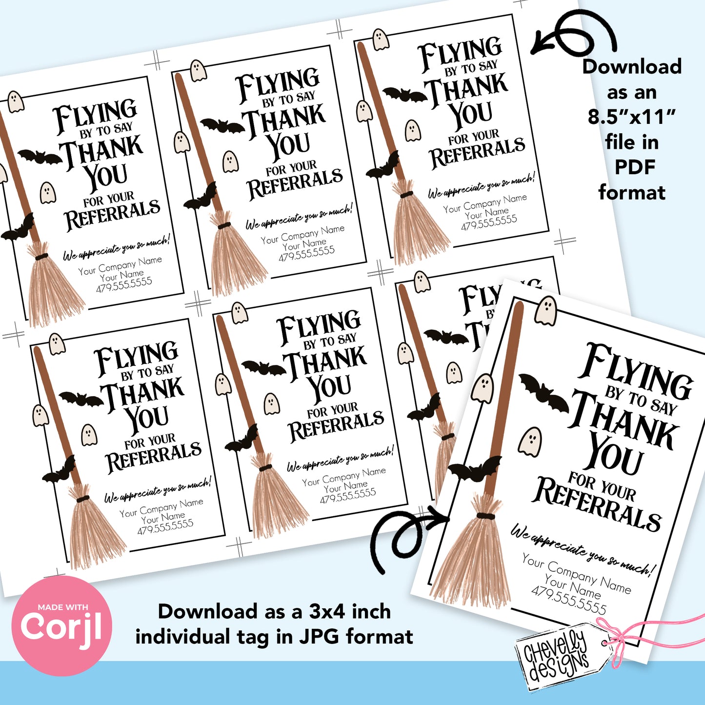 EDITABLE Halloween Referral Gift Tag - Flying by to Say Thank You - Printable Digital File