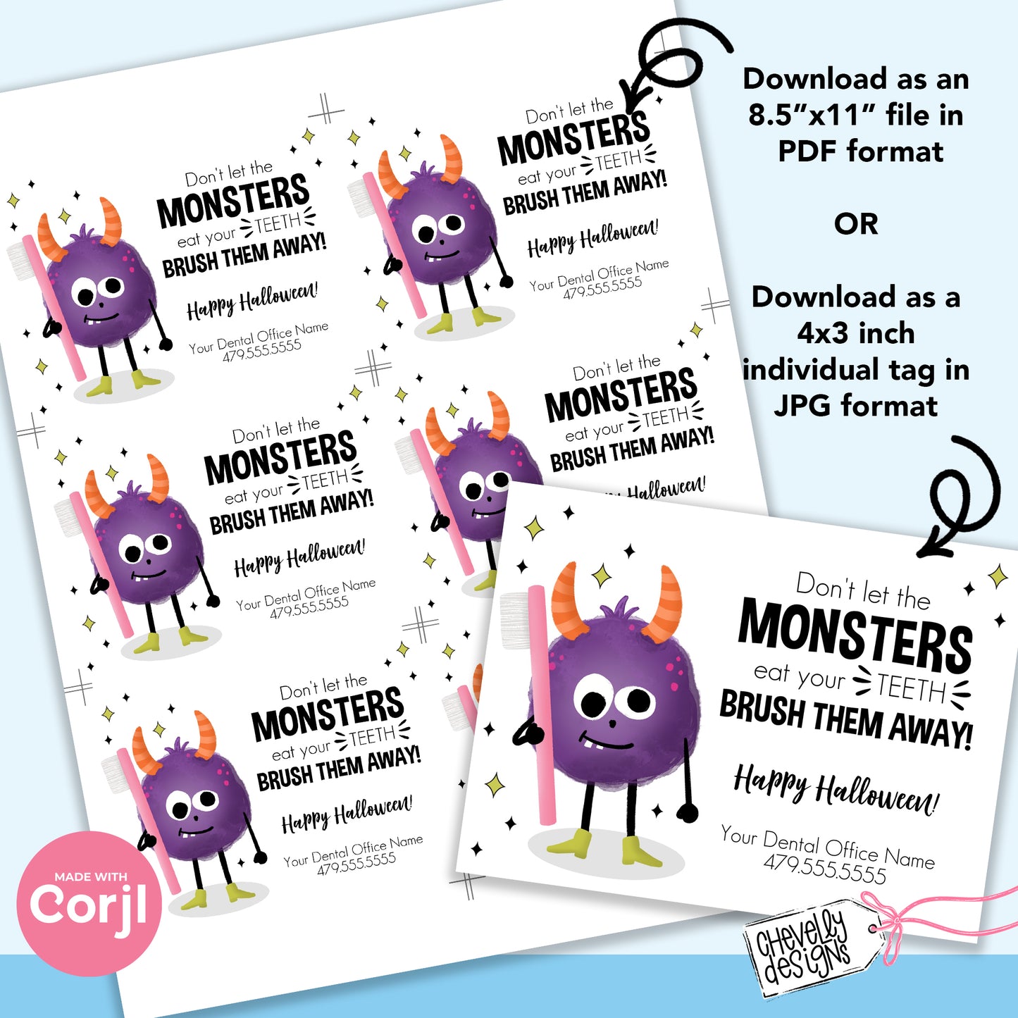 EDITABLE - Don't Let the Monster Eat Your Teeth, Brush Them Away - Dental Office Halloween Treat Tags - Printable Digital