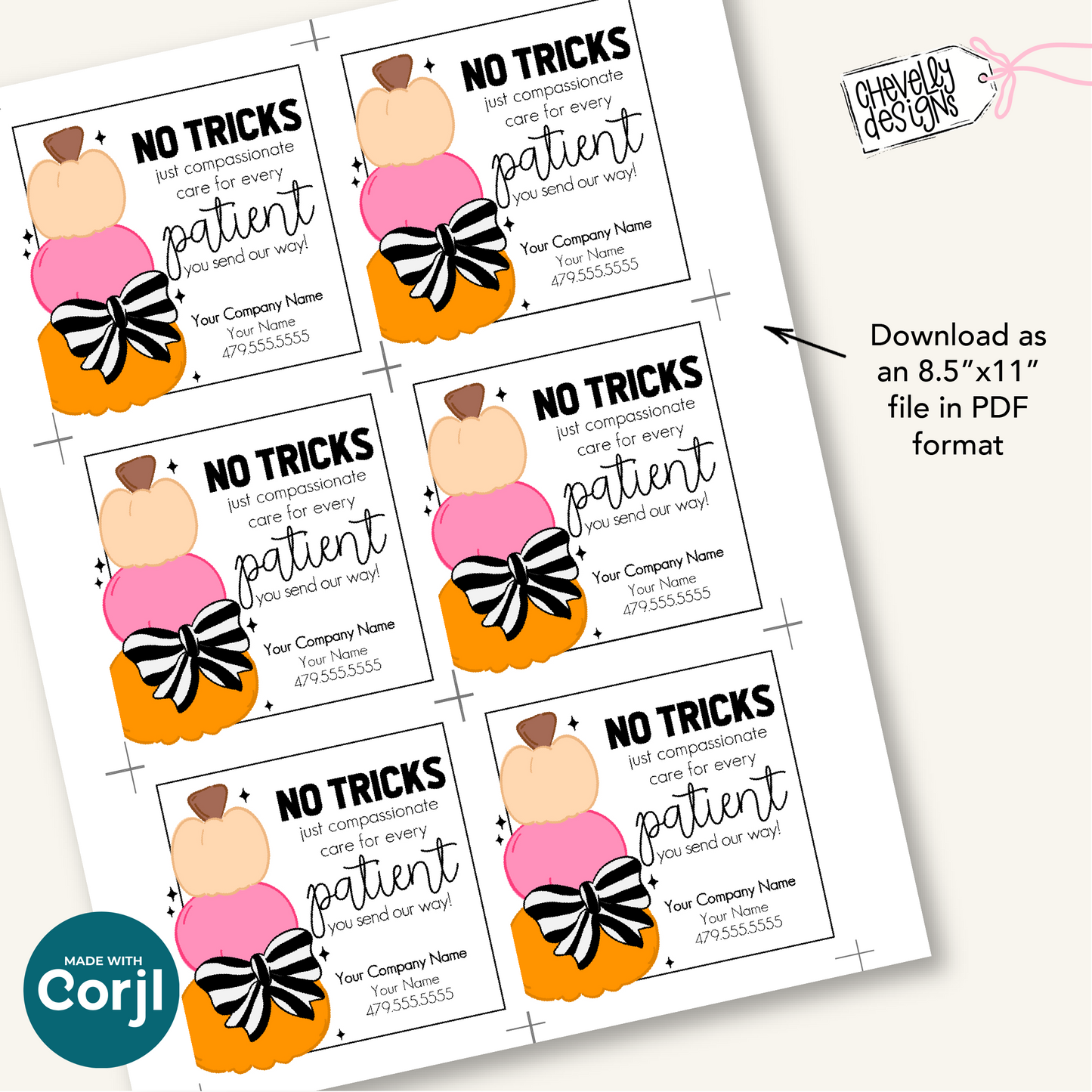 Editable Halloween Referral Gift Tag: No Tricks Just Compassionate Patient Care Marketing Labels (Digital File HT-HAL030)