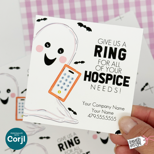 Editable Halloween Referral Gift Tag: Give Us a Ring Hospice Marketing Labels (Digital File HT-HAL031a)