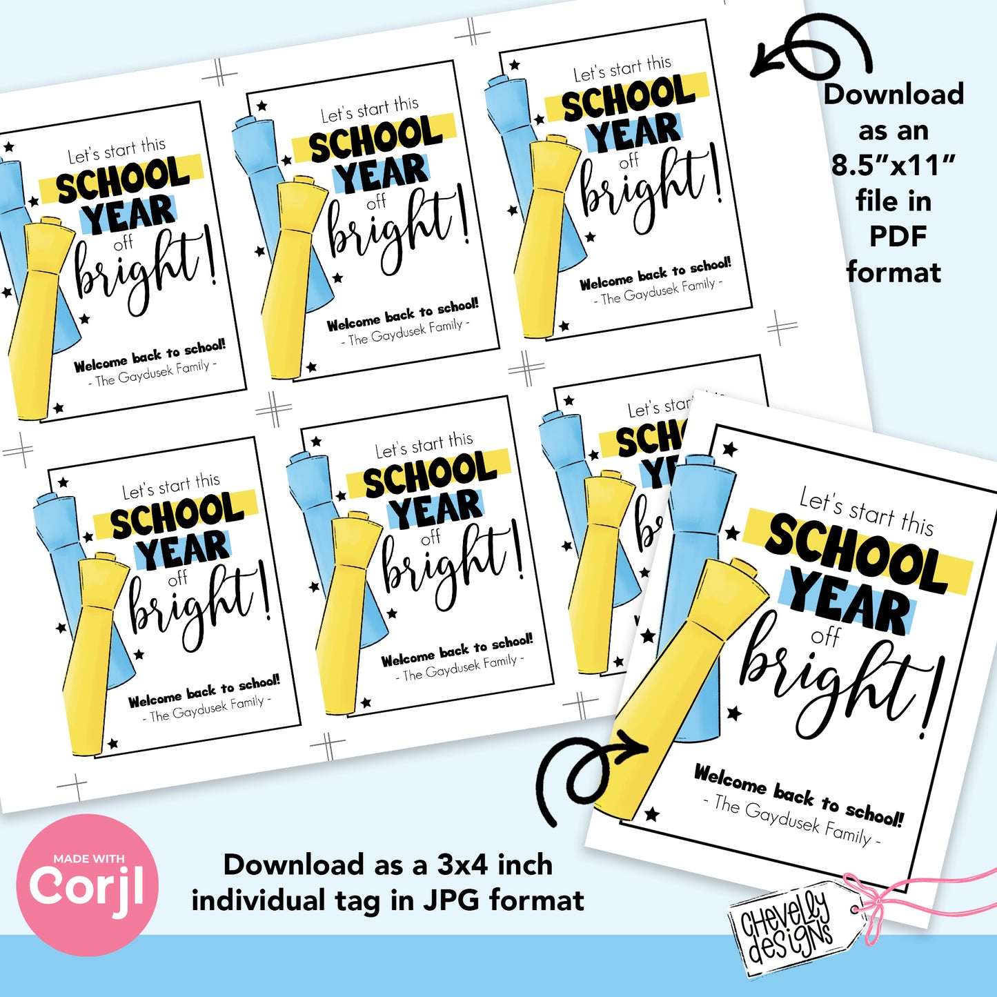 EDITABLE - Let's Start School Year off Bright - Teacher or Student Highlighter Back to School Gift Tag - Printable Digital File