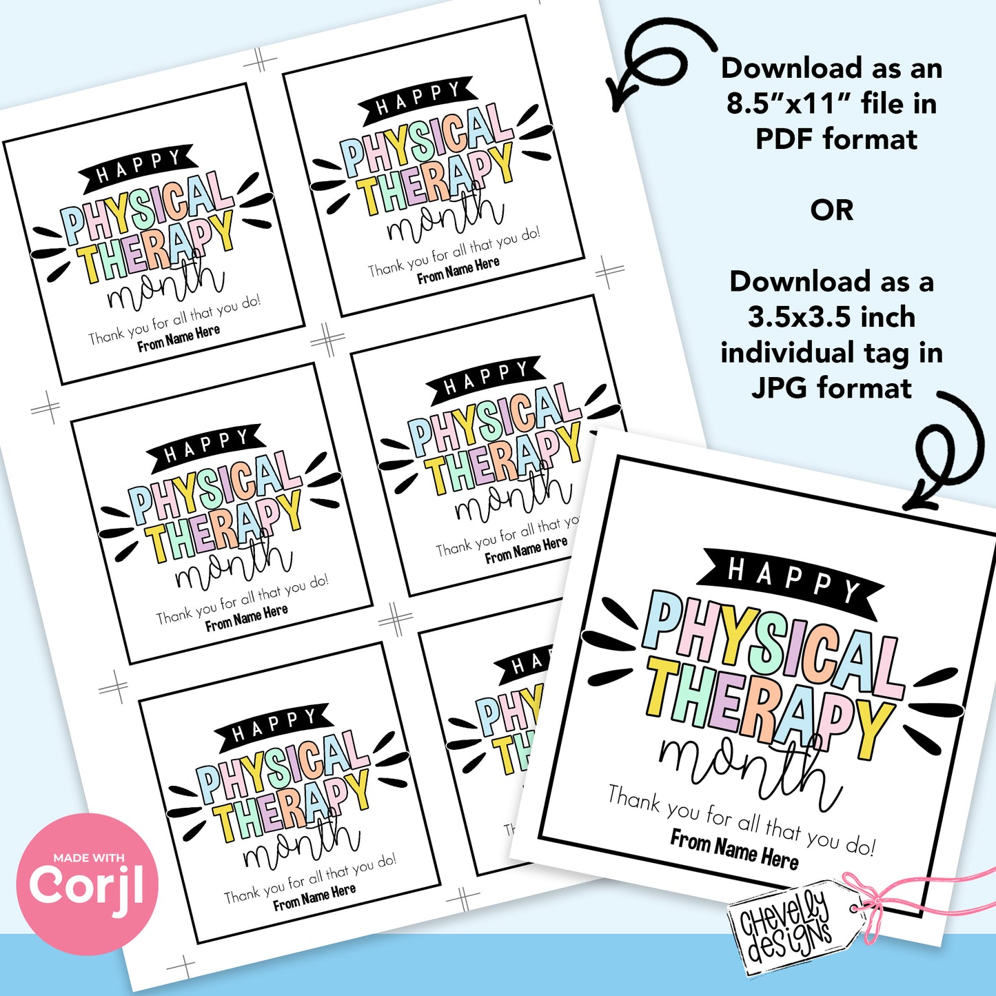 EDITABLE Physical Therapy Month Appreciation Gift Tag - Printable Digital File