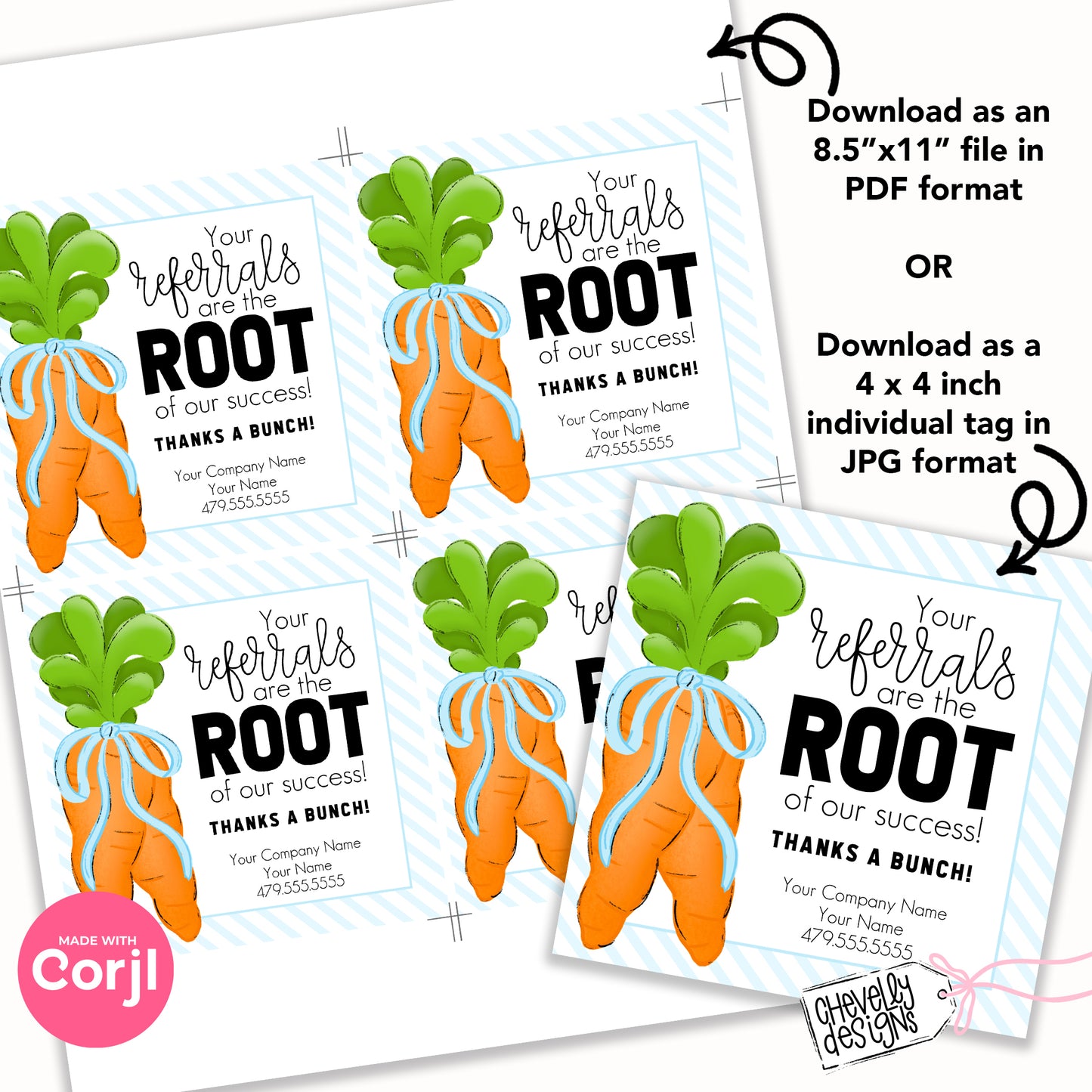 Editable Printable Referral Marketing Gift Tags, Your Referrals are the Root of our Success, Carrot Themed