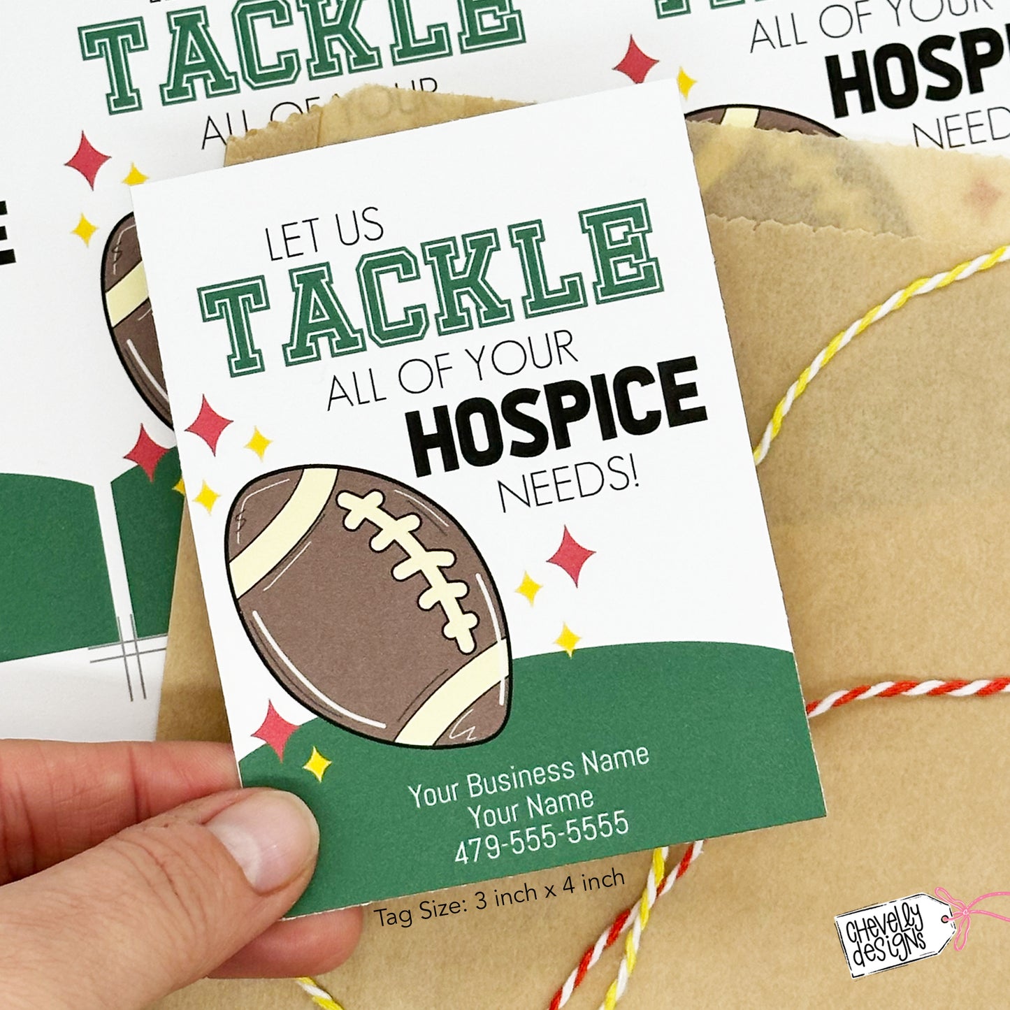 Editable Printable Referral Marketing Gift Tags, Let Us Tackle Your Hospice Needs, Football Theme