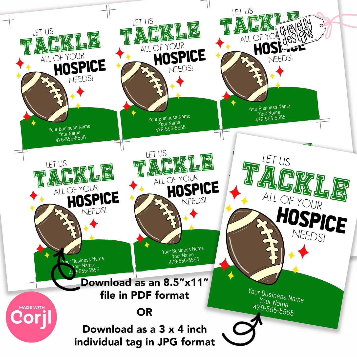 Editable Printable Referral Marketing Gift Tags, Let Us Tackle Your Hospice Needs, Football Theme