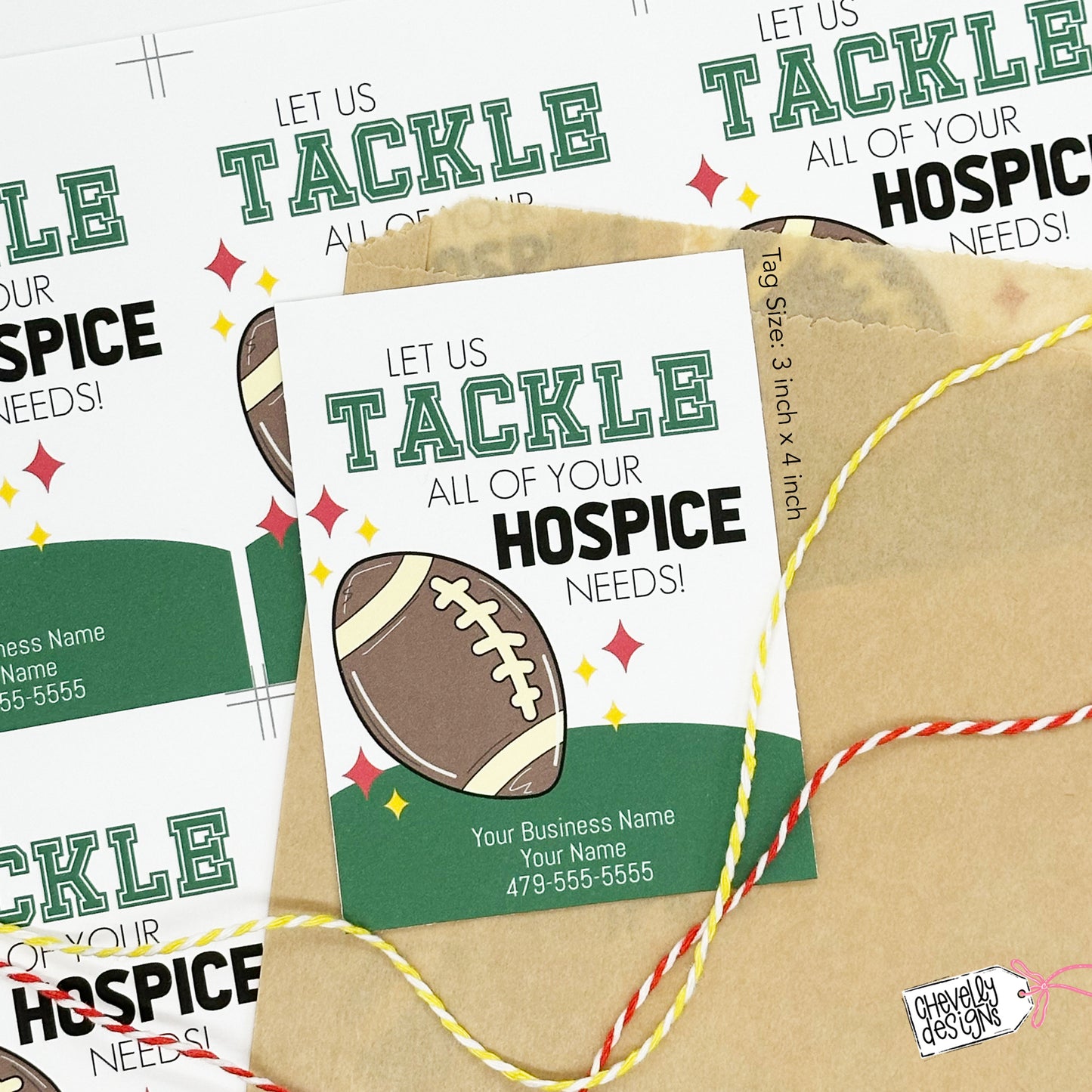 Editable Printable Referral Marketing Gift Tags, Let Us Tackle Your Hospice Needs, Football Theme