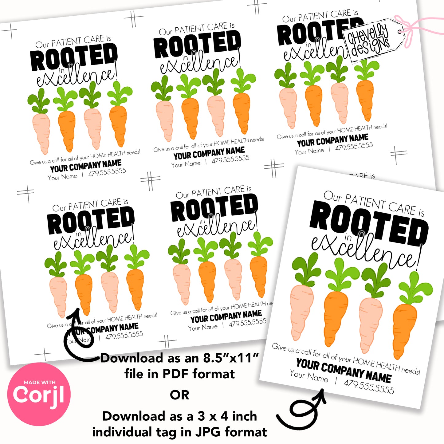 Editable Printable Referral Marketing Gift Tags, Our Patient Care is Rooted in Excellence, Carrot Themed