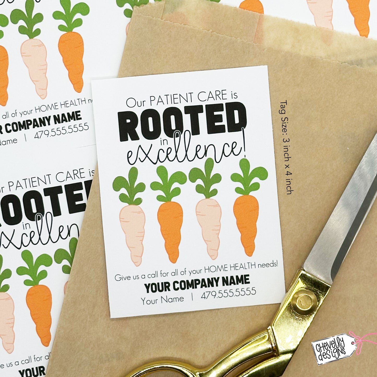 Editable Printable Referral Marketing Gift Tags, Our Patient Care is Rooted in Excellence, Carrot Themed