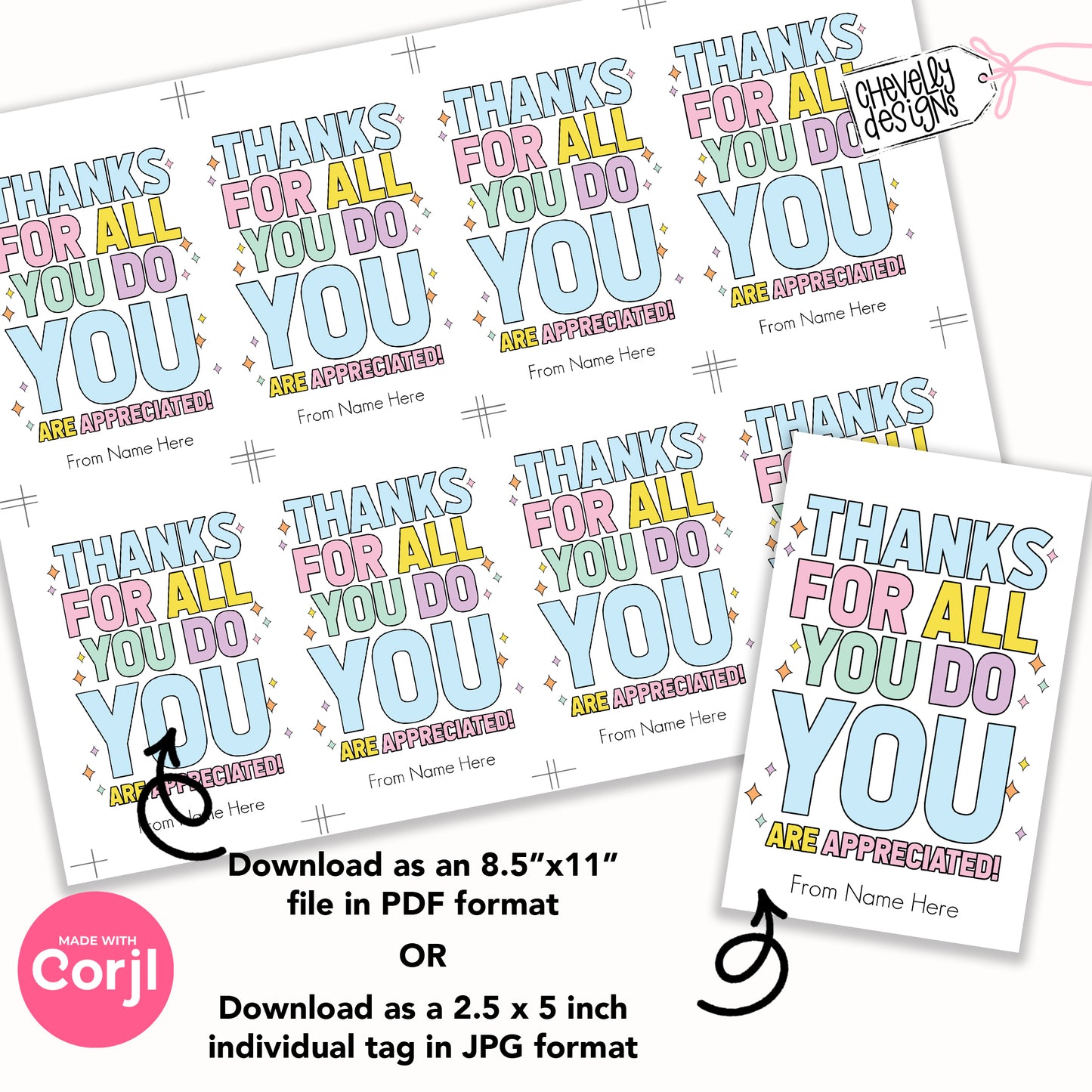 Editable Printable Appreciation Gift Tags, Thanks For All You Do, Digital Download