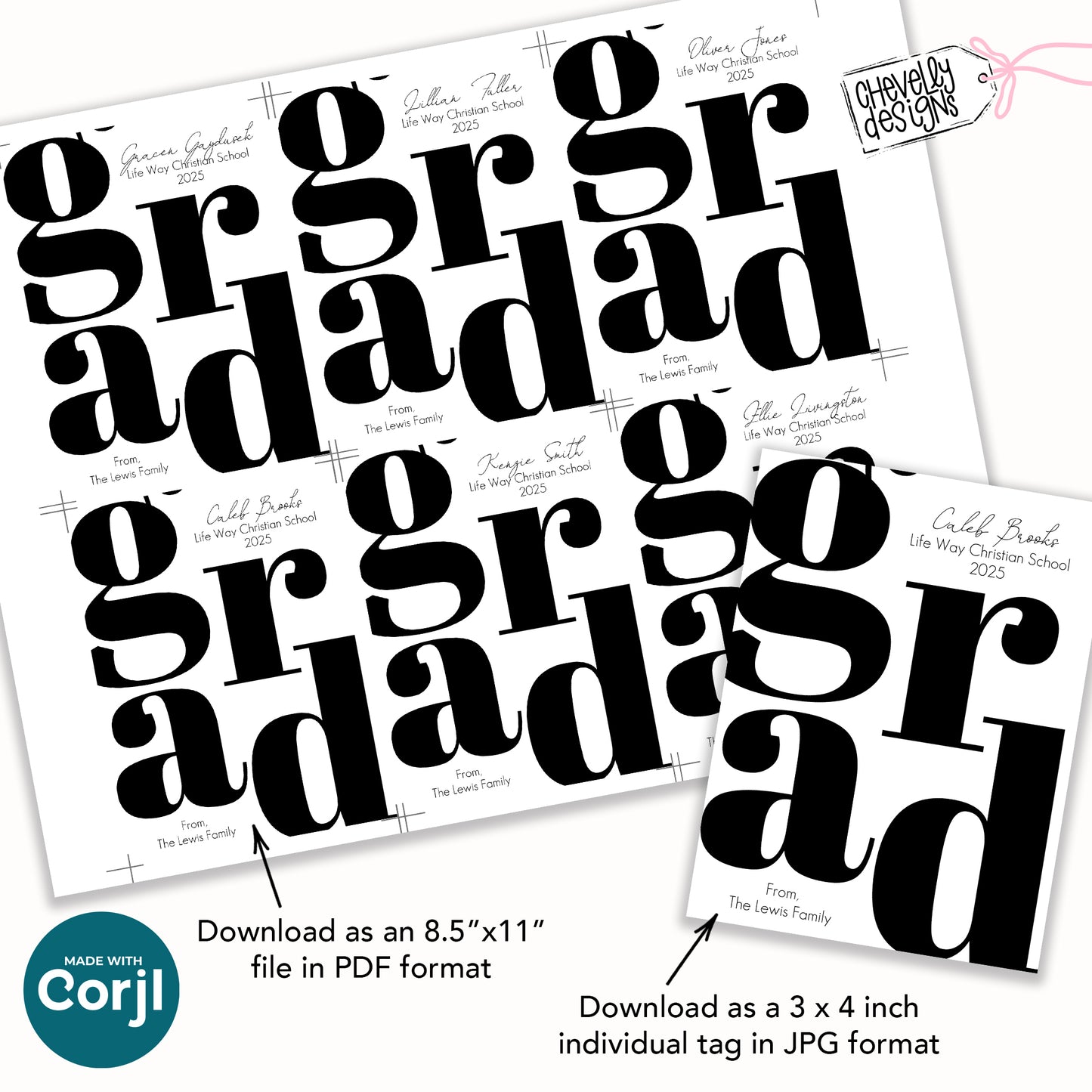 Editable Graduation Gift Tags, Customize the Graduate Name, Year, Colors, and School