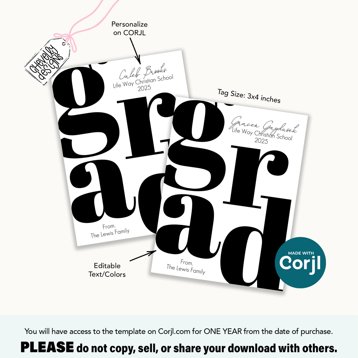Editable Graduation Gift Tags, Customize the Graduate Name, Year, Colors, and School