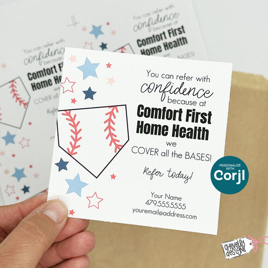 EDITABLE - Printable Referral Gift Tags,  Refer with Confidence We Cover all the Bases, Baseball, Marketing, Digital File