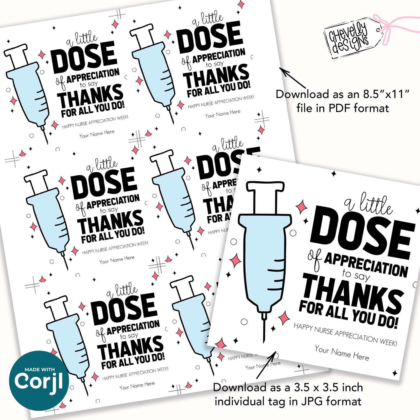 Editable Nurse Appreciation Gift Tag – Syringe Design – “A Little Dose of Thanks” Printable – Nurse Week Gift – Template, Download