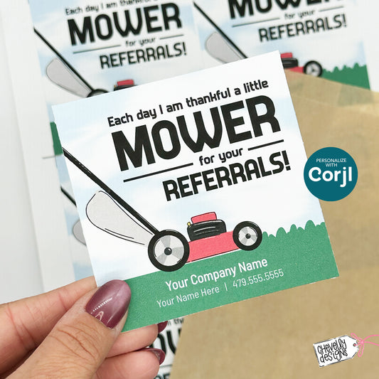 EDITABLE - Printable Referral Gift Tags,  Thankful Mower Summer Marketing Labels, Digital File