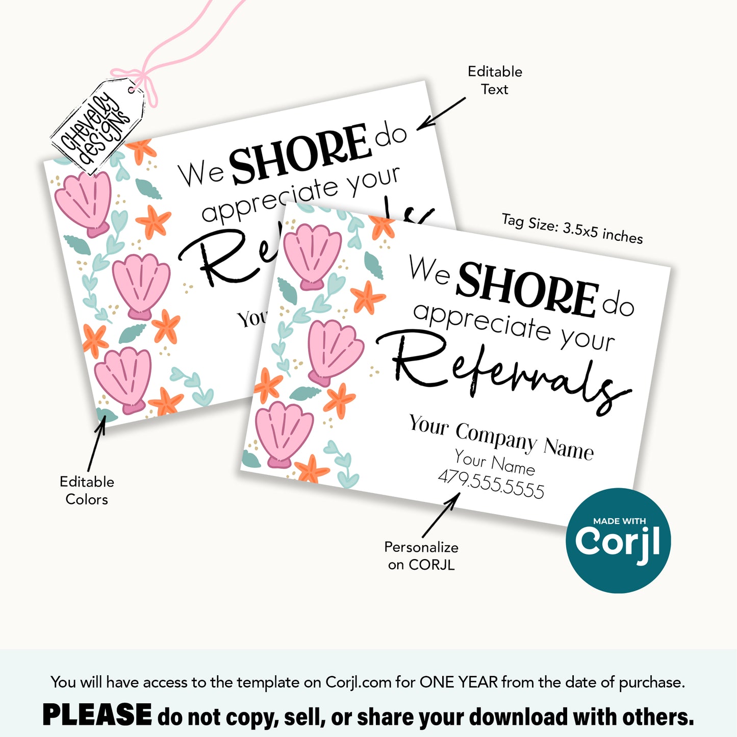 Editable Seashell Referral Tag | “We Shore Do Appreciate Your Referrals” | Printable Summer Thank You Gift Tag | Digital File