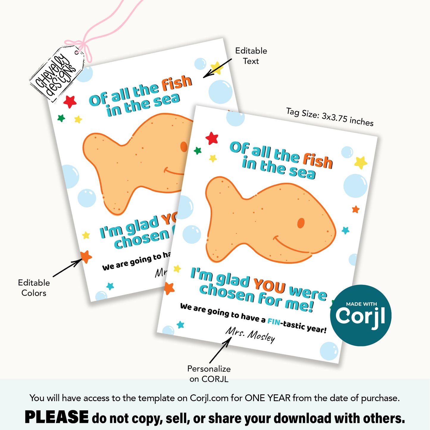 Editable Back To School Student Gift Tag, Of All The Fish in the Sea, Digital Download