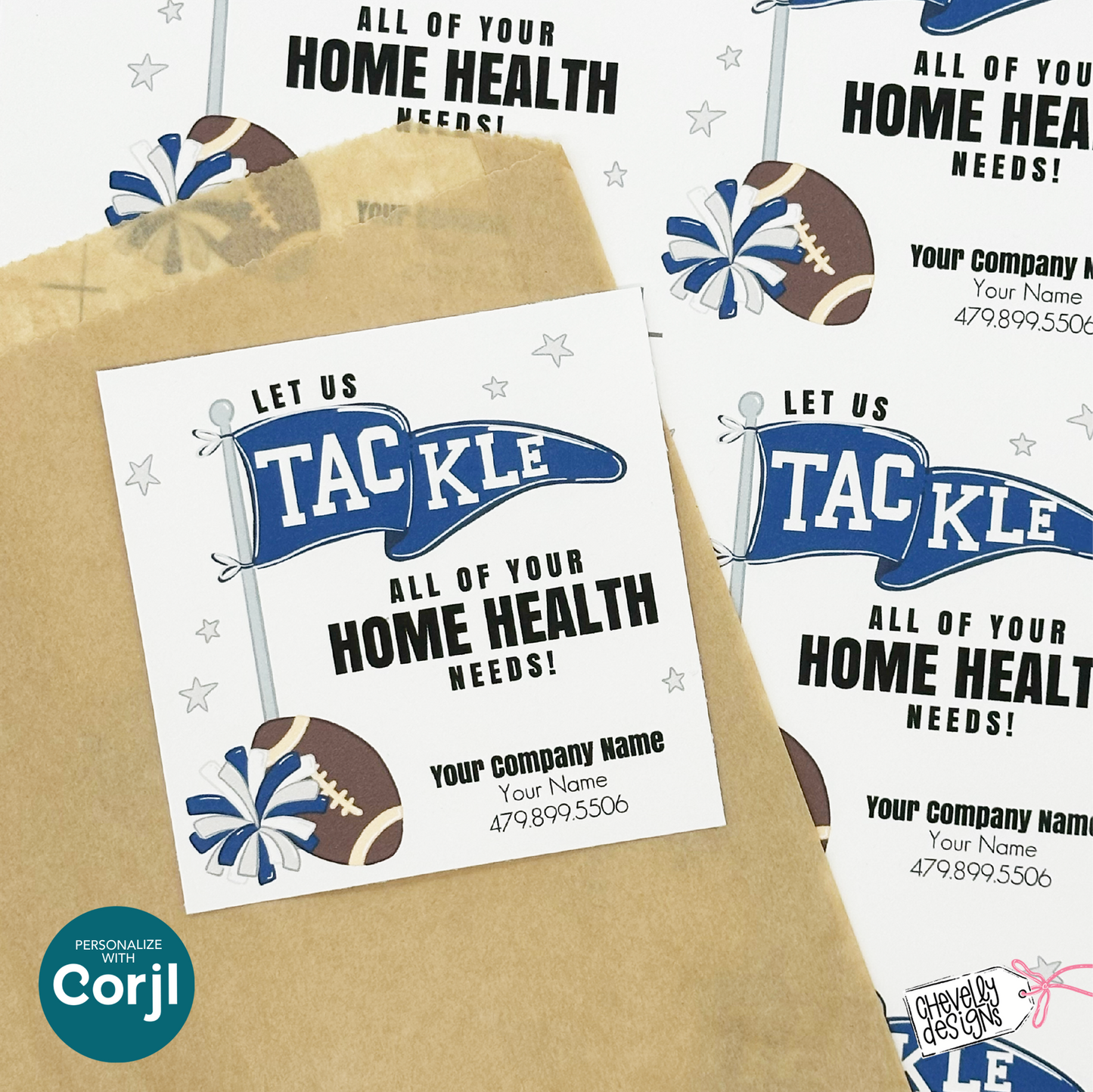 Editable Football Referral Tag | Let Us Tackle All of Your Home Health Needs | Navy Blue, Silver Gray, White Football Marketing Label | Printable