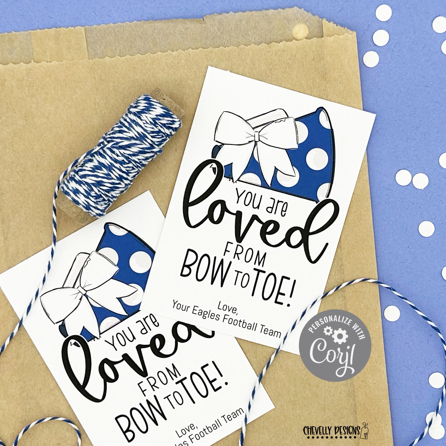 Editable - Gift Tags for Cheerleaders - White Cheer Bow Royal Blue Megaphone - Printable Digital File