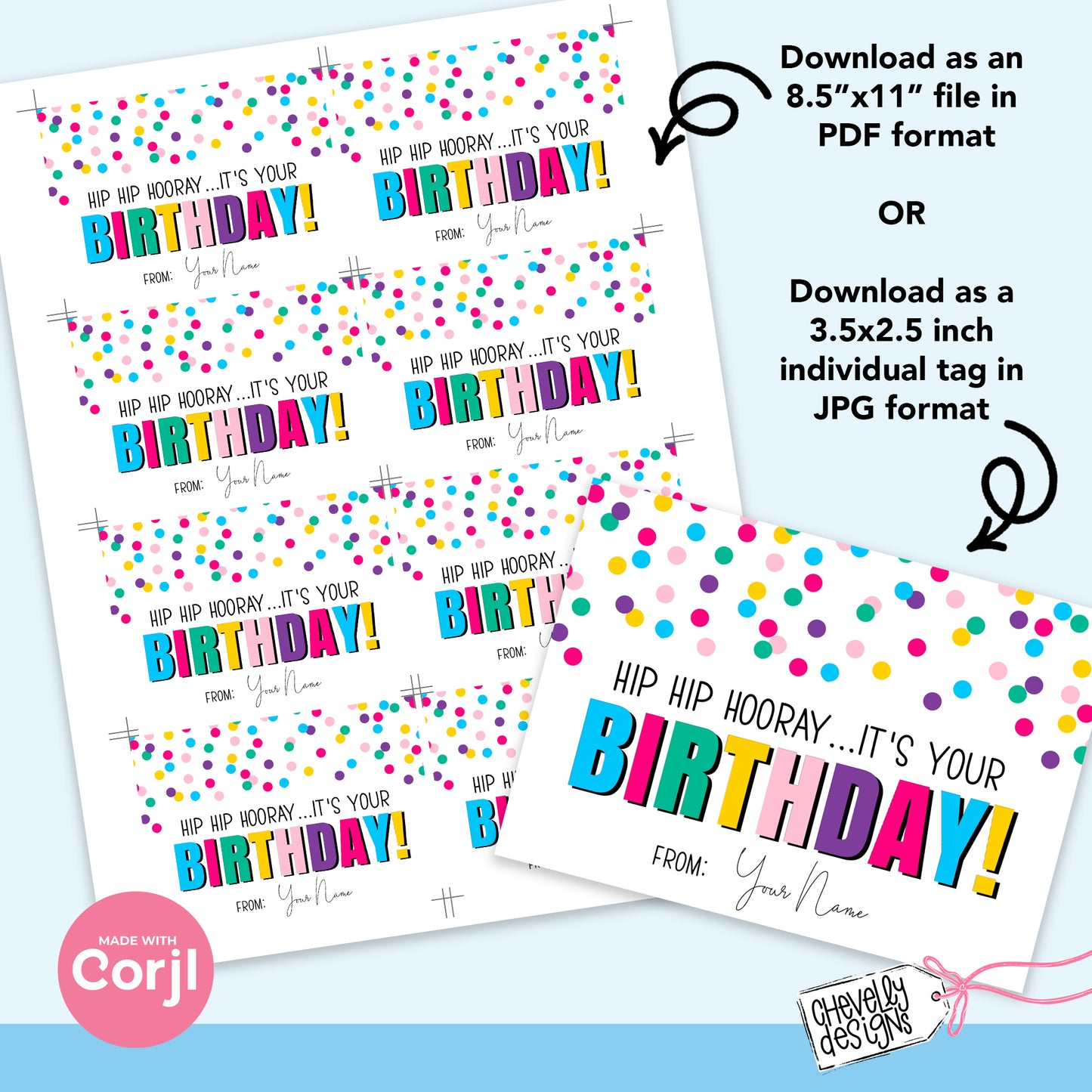 EDITABLE - Hip Hip Hooray, It's Your Birthday - Confetti Gift Tag - Printable Digital File