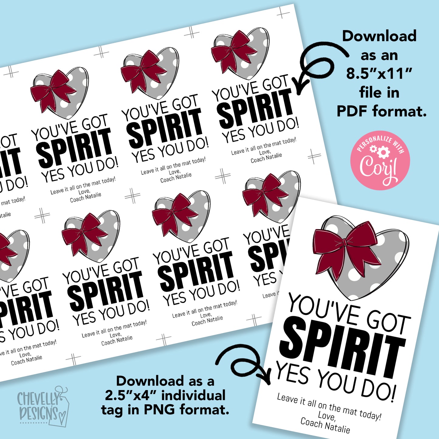 Editable - You've Got Spirit Yes You Do - Gift Tags for Cheerleaders - Maroon Silver Gray - Printable Digital File