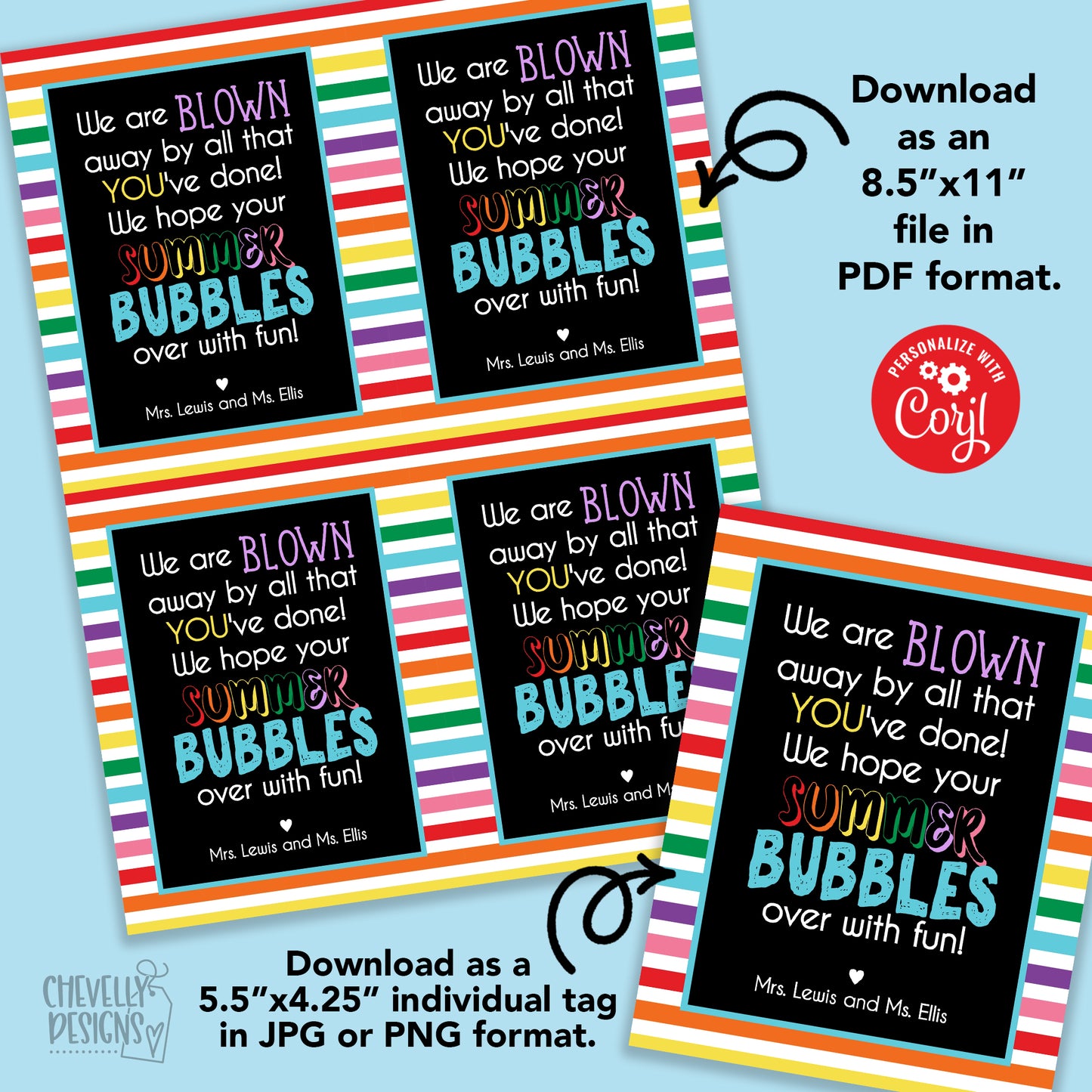 Editable - Blown Away End of School Student Gift Tags for Bubbles - Printable Digital File