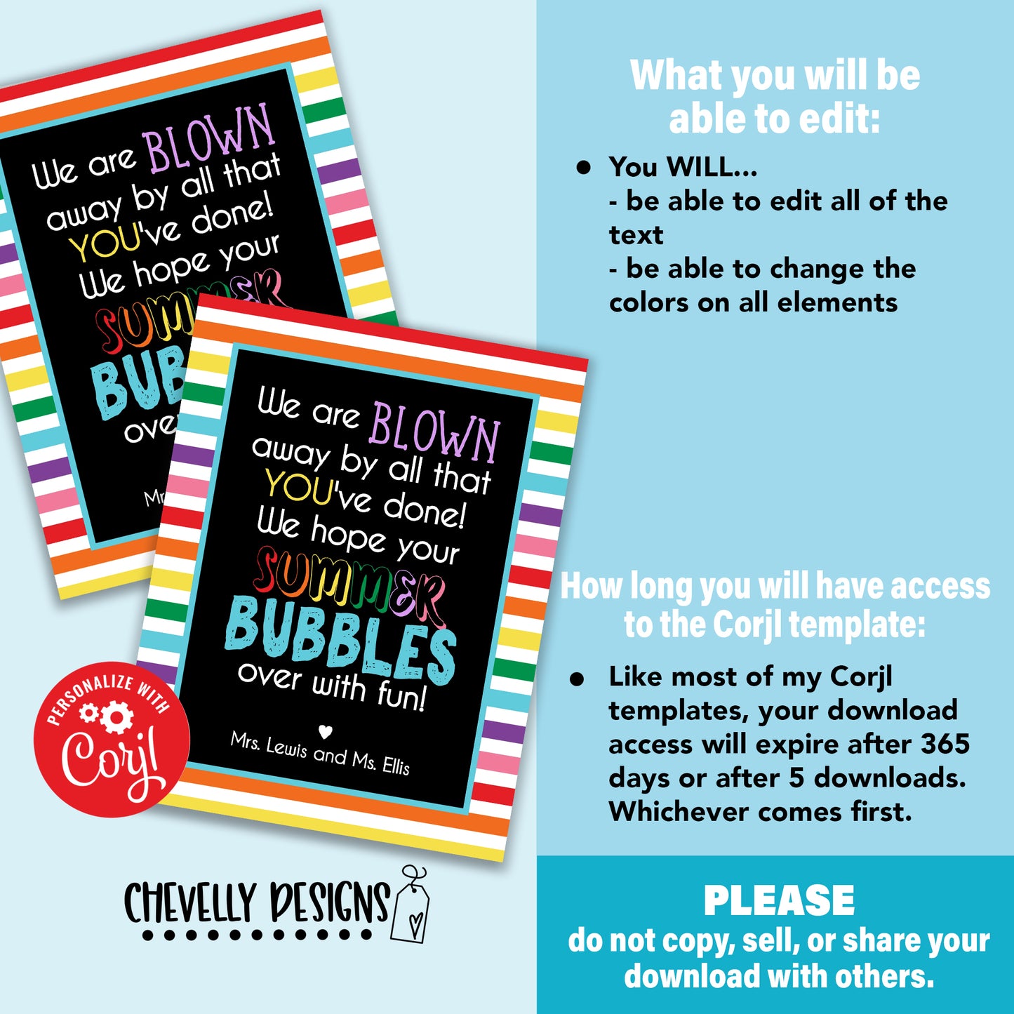 Editable - Blown Away End of School Student Gift Tags for Bubbles - Printable Digital File