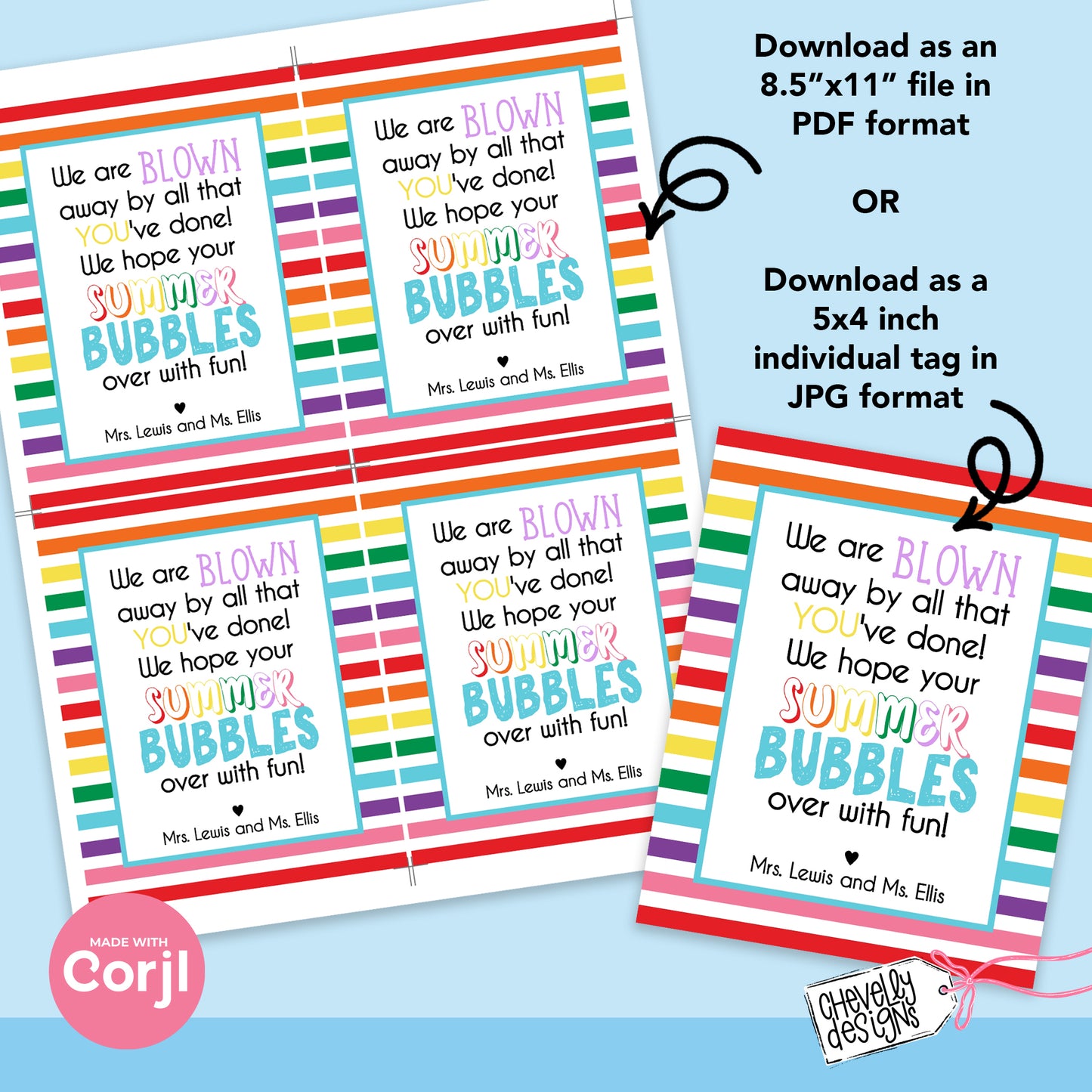 Editable - Blown Away End of School Student Gift Tags for Bubbles - Printable Digital File