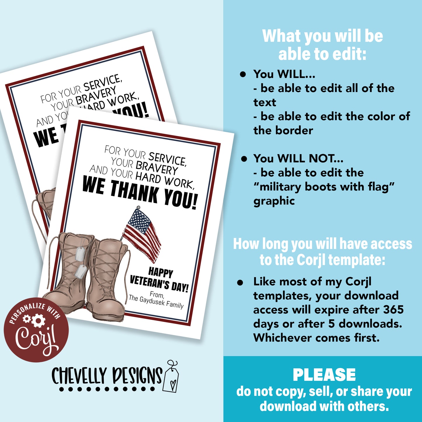 Editable - Thank You for Your Service, Bravery, and Hard Work - Veteran's Day Gift Tags - Printable Digital File