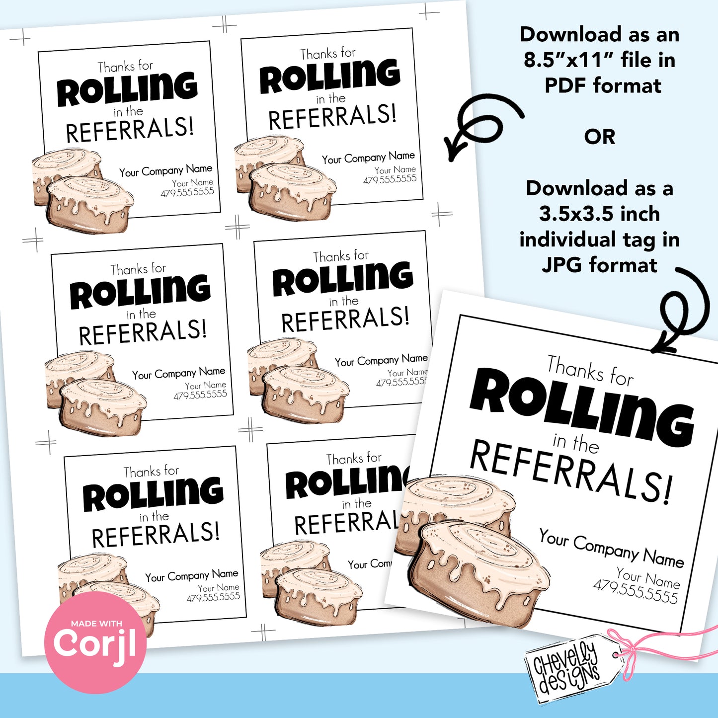 EDITABLE - Thanks for Rolling in the Referrals - Cinnamon Roll - Marketing Gift Tag - Printable Digital File