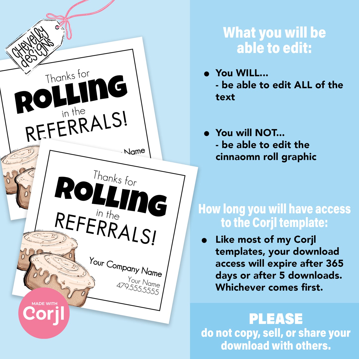 EDITABLE - Thanks for Rolling in the Referrals - Cinnamon Roll - Marketing Gift Tag - Printable Digital File