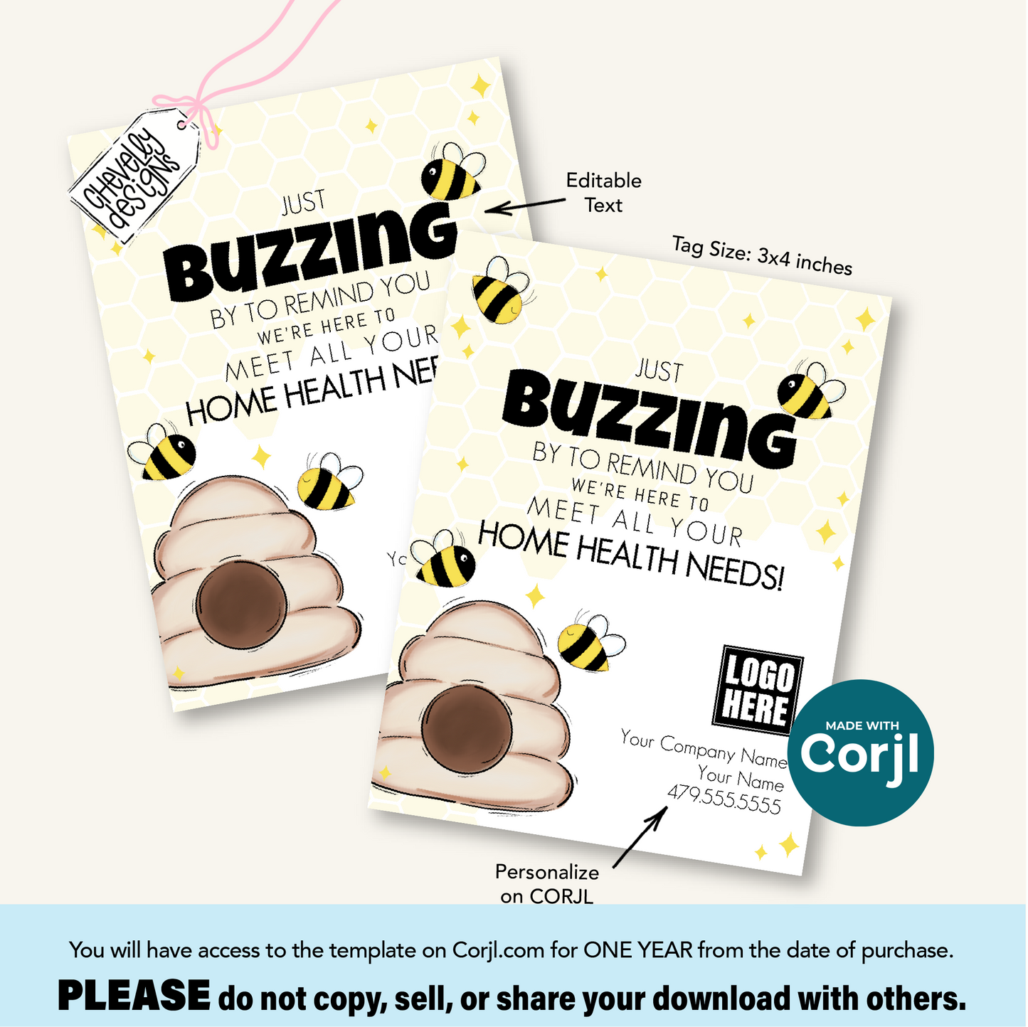 Editable Home Health Business Referral Gift Tags, Buzzing By Bee Printable, Digital File HT441a