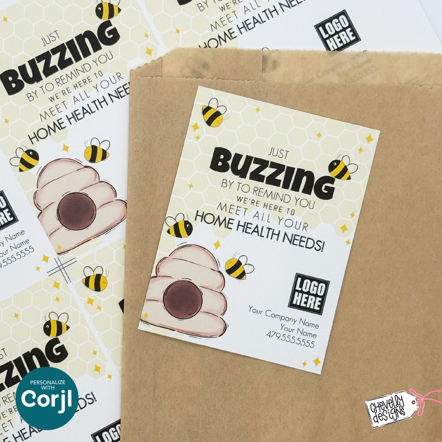 Editable Home Health Business Referral Gift Tags, Buzzing By Bee Printable, Digital File HT441a