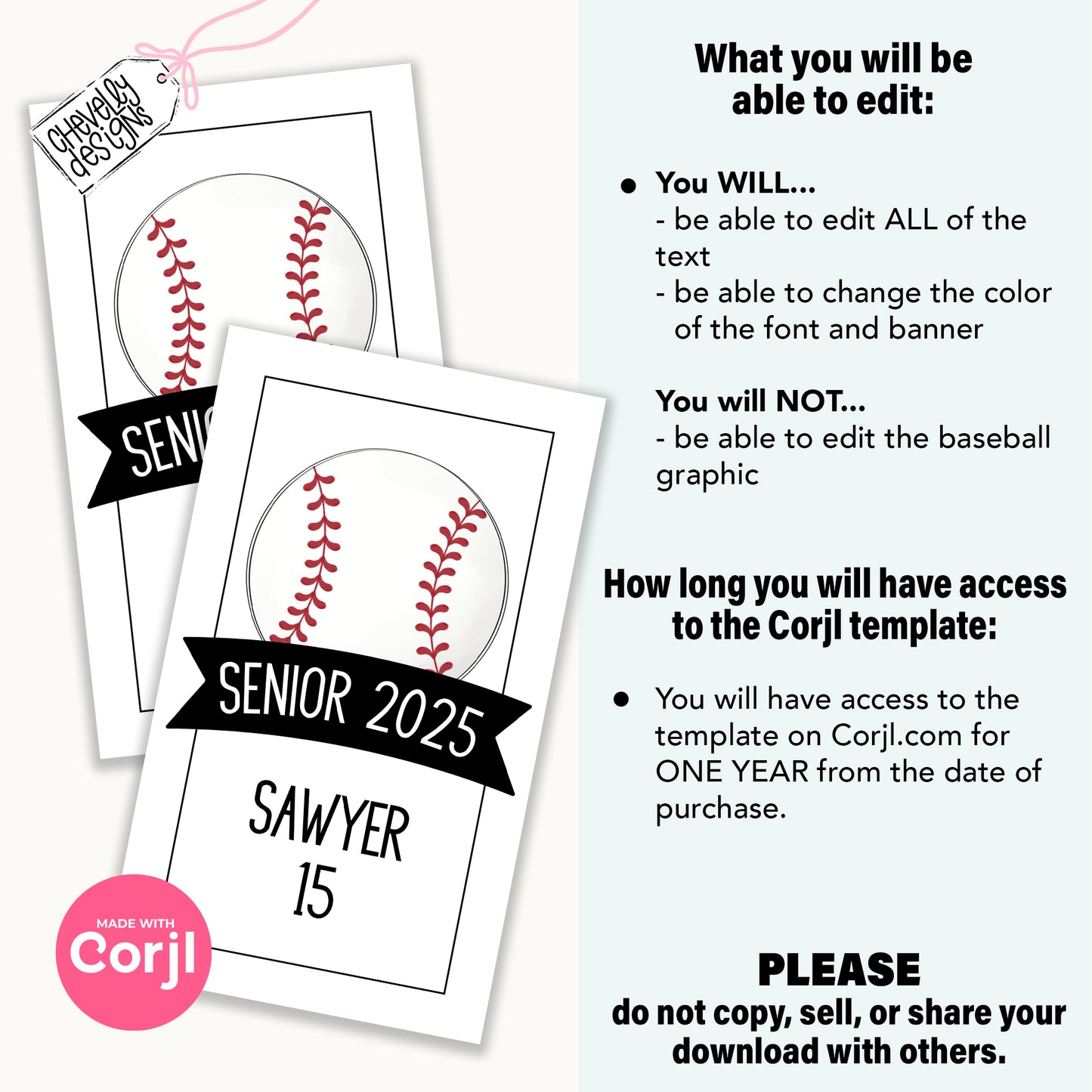 EDITABLE Printable Baseball Gift Tag for Senior Night Player Gifts, Digital File