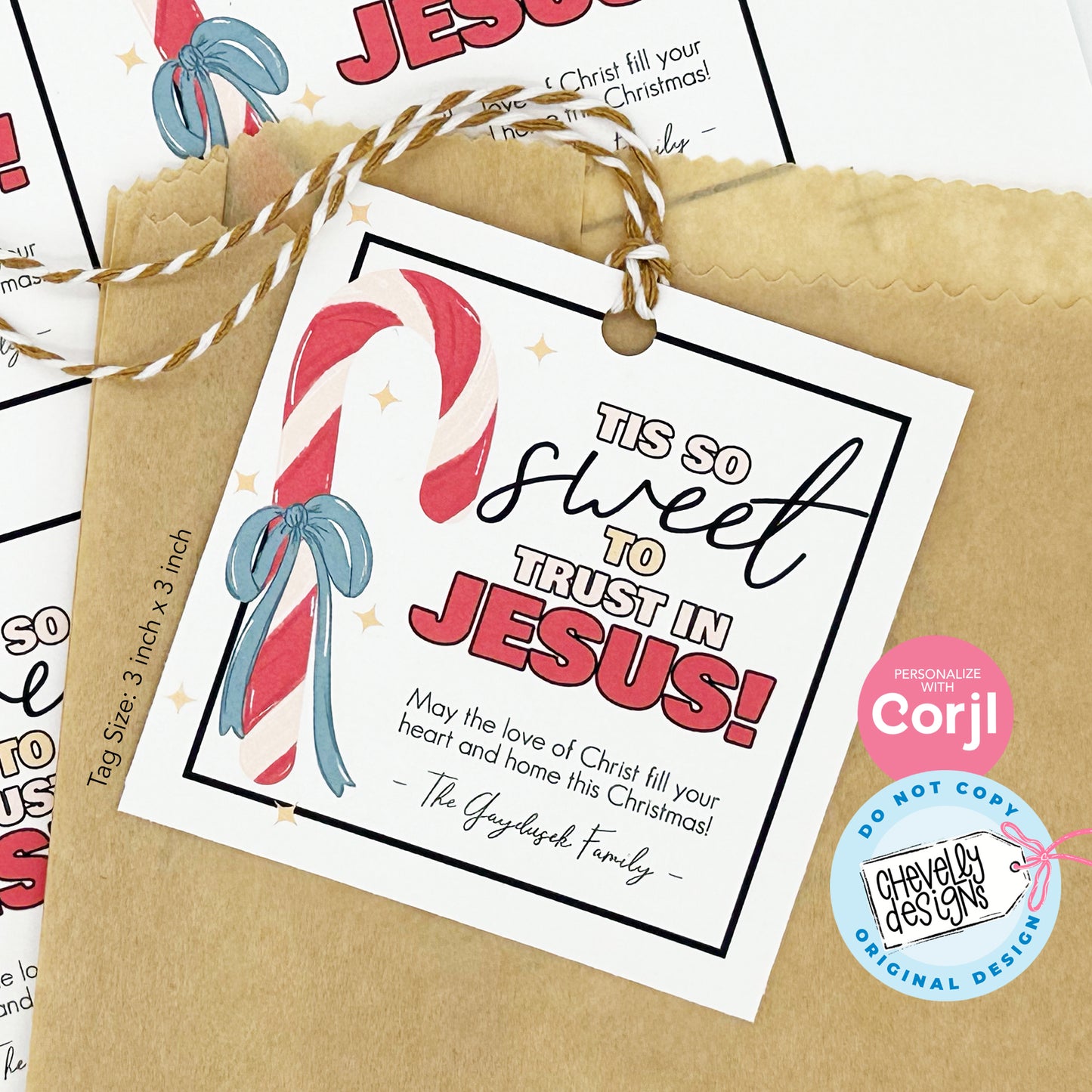 EDITABLE - Tis so Sweet to Trust in Jesus Candy Cane Christmas Treat Tags - Printable Digital File