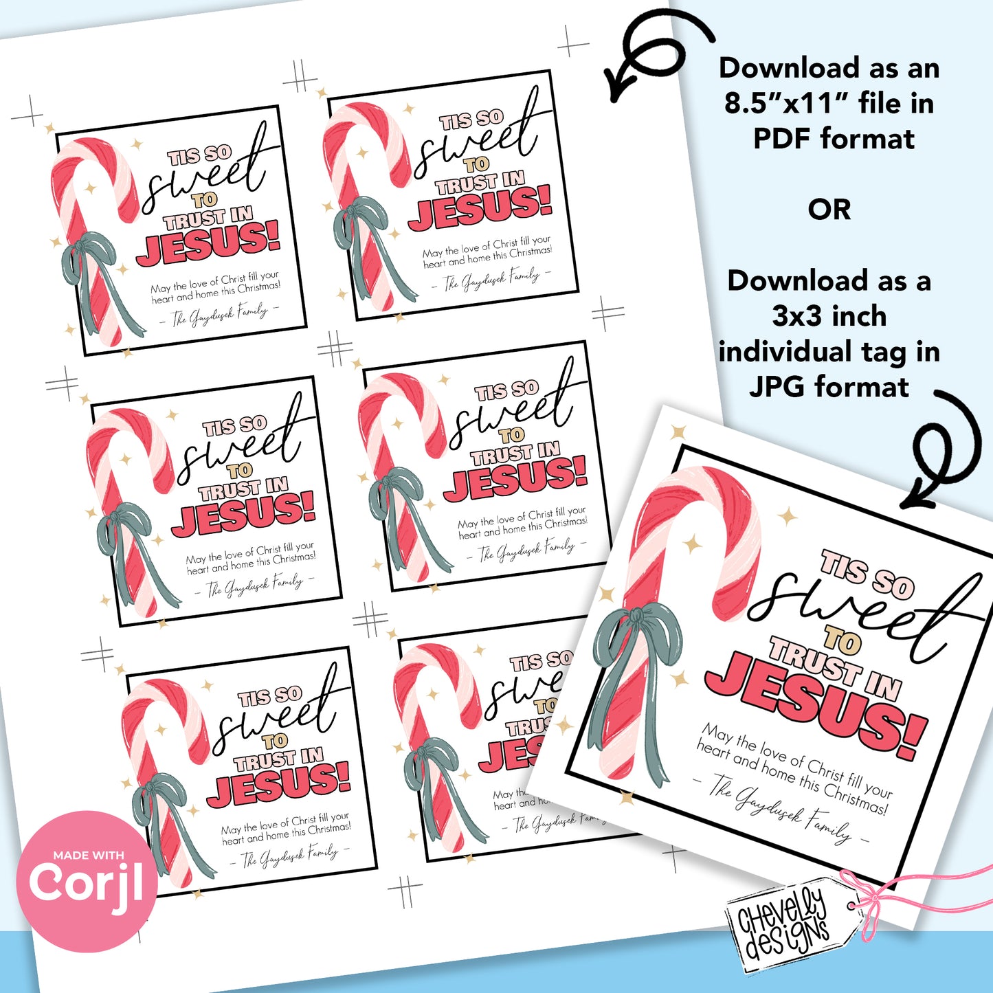 EDITABLE - Tis so Sweet to Trust in Jesus Candy Cane Christmas Treat Tags - Printable Digital File