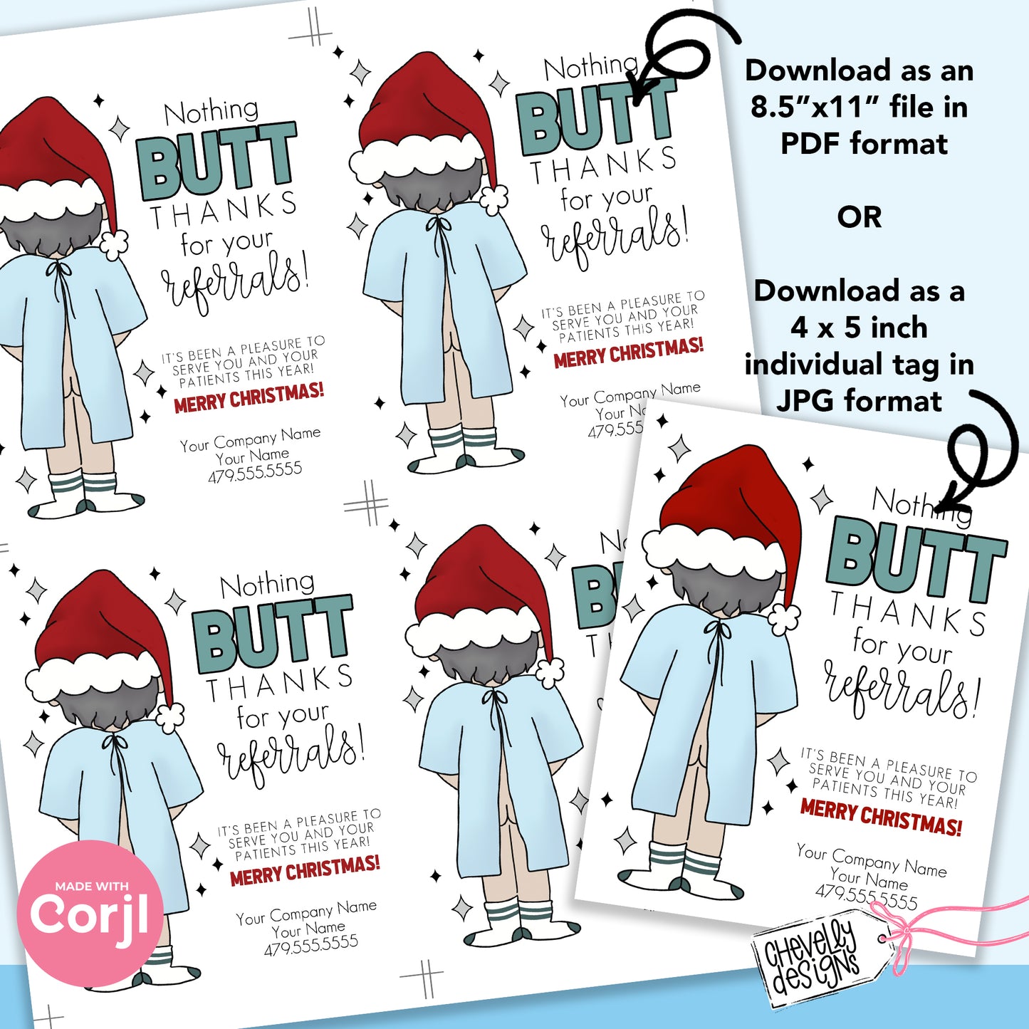 EDITABLE Christmas Referral Tags - Nothing Butt Thanks Patient in Hospital Gown - Printable Digital Download