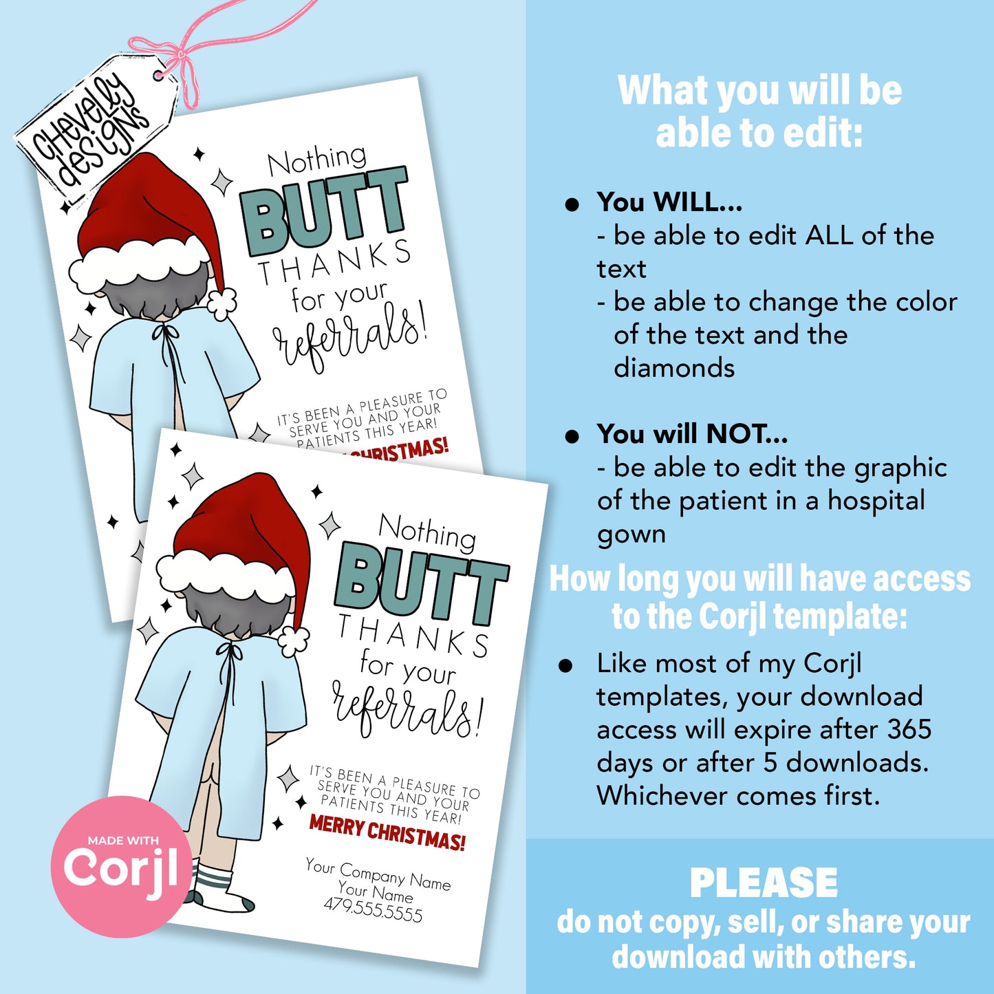 EDITABLE Christmas Referral Tags - Nothing Butt Thanks Patient in Hospital Gown - Printable Digital Download