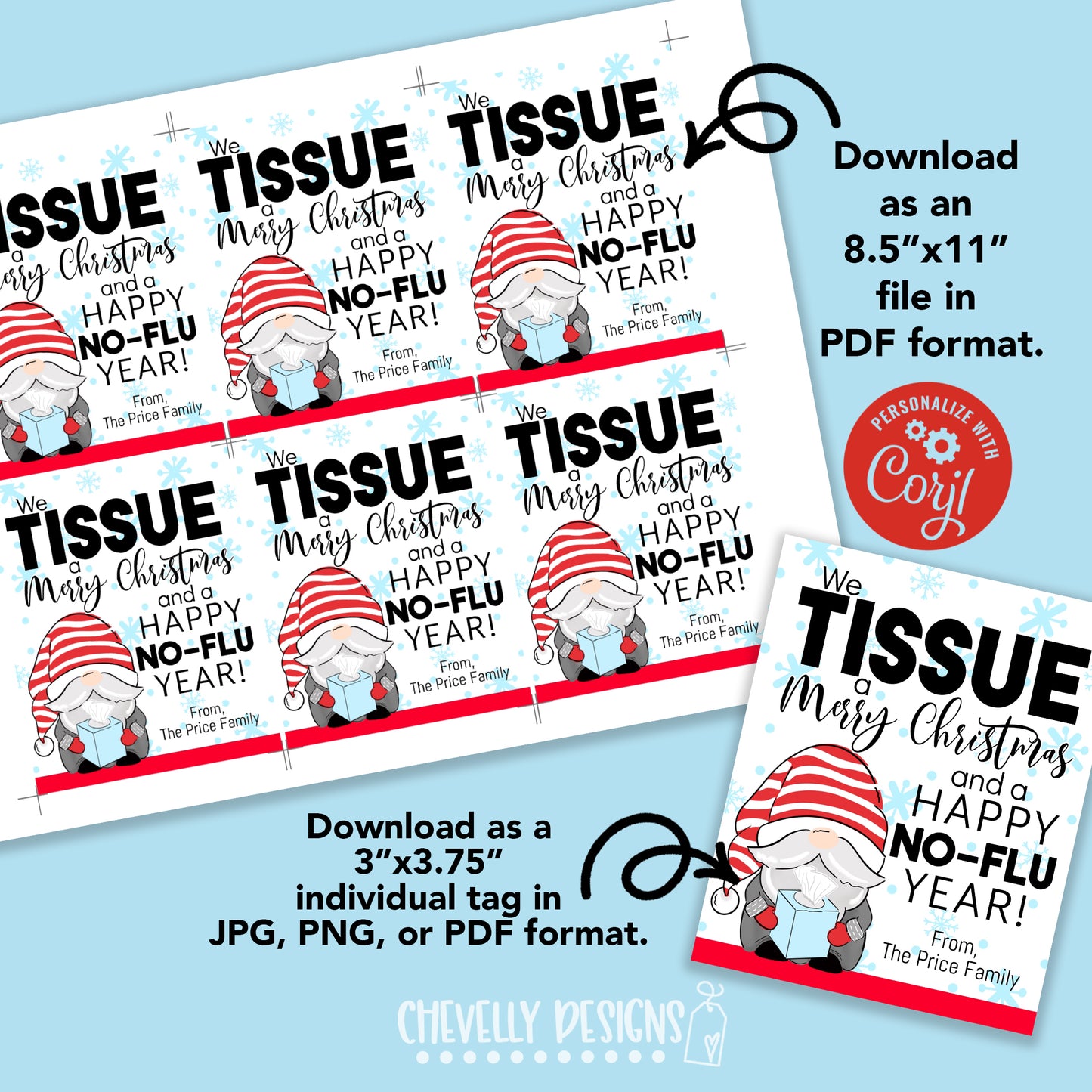 Editable - We Tissue a Merry Christmas - Gnome Gift Tags - Printable Digital File