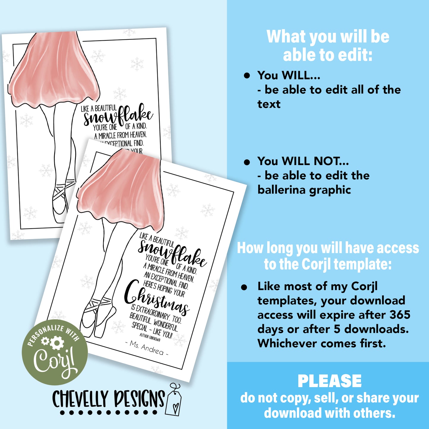 Editable - Printable Christmas Snowflake Ballerina Gift Tags for Ballet Students - Digital File